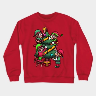 Christmas Elves Decorating Christmas Tree Cartoon Crewneck Sweatshirt